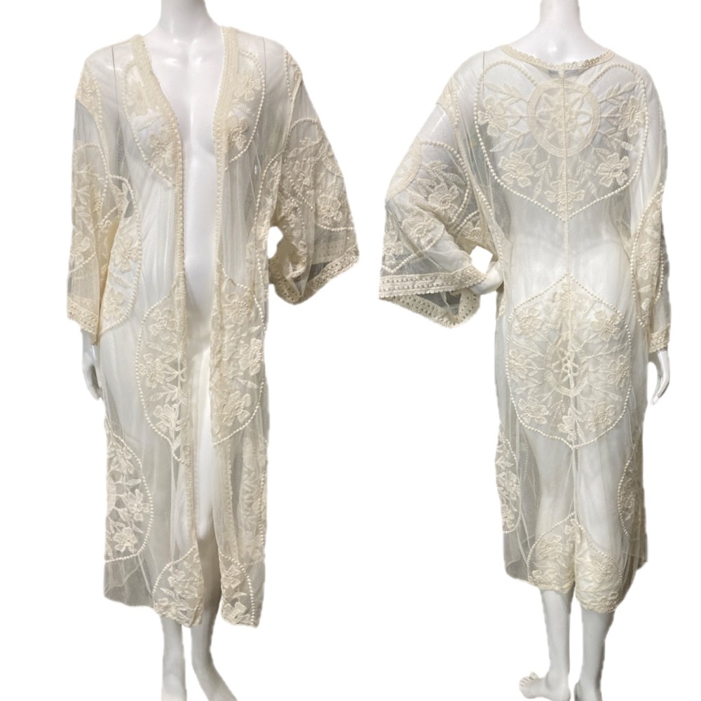 FLORAL BLOOMING Kimono Lace Cover Up Long Duster Beige  Open Front Boho Sz Large - Picture 8 of 17